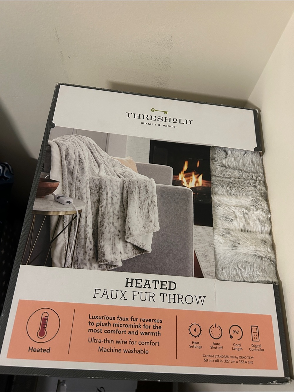 Threshold Plush Faux Fur Heated Throw - Gray/Light Gray